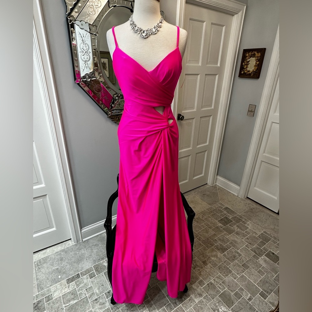 New La Femme Hot Pink Cut Out Cocktail Prom Gala Wedding Party Hi Slit Gown - Picture 12 of 17